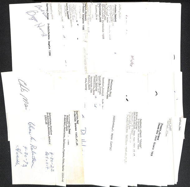 Lot of (175+) Signed Mostly Baseball Index Cards w. Charles Robertson, Jack Russell, Tony Cuccinello, Ray Martin, + (JSA Auction Letter)