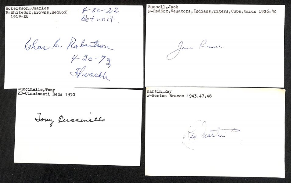 Lot of (175+) Signed Mostly Baseball Index Cards w. Charles Robertson, Jack Russell, Tony Cuccinello, Ray Martin, + (JSA Auction Letter)