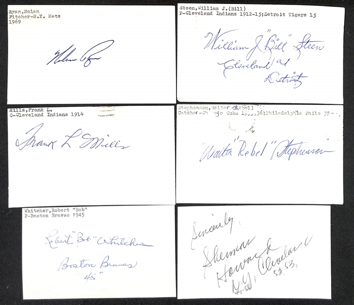 Lot of (125+) Signed Mostly Baseball Related Index Cards w. Nolan Ryan, William (Bill) Steen, Frank Mills, Walter Stephenson, Robert Whitcher, + (JSA Auction Letter)