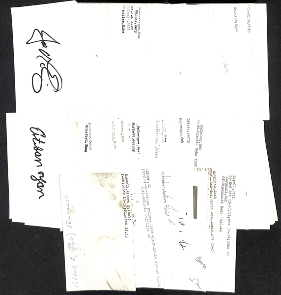 Lot of (125+) Signed Mostly Baseball Related Index Cards w. Albert Russell, Al Milnar, Robert Whitcher, +(JSA Auction Letter)