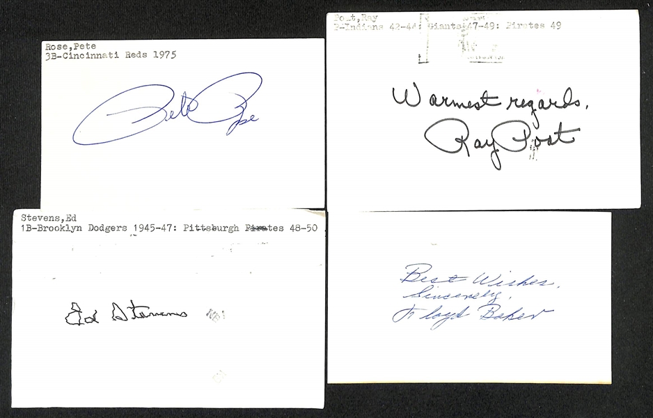 Lot of (300+) Signed Mostly Baseball Related Index Cards w. Pete Rose, Ray Poat, Ed Stevens, Floyd Baker, +(JSA Auction Letter)
