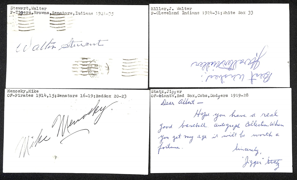 Lot of (275+) Signed Mostly Baseball Related Index Cards w. Walter Stewart, Walter Miller, Mike Menosky, Jigger Statz, Thomas Miller, +(JSA Auction Letter)