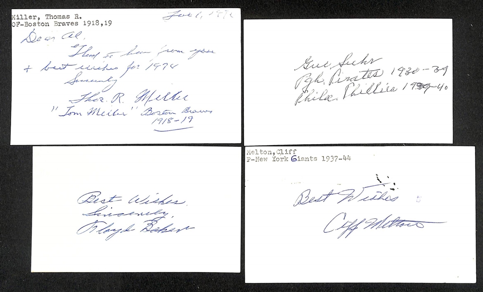 Lot of (275+) Signed Mostly Baseball Related Index Cards w. Walter Stewart, Walter Miller, Mike Menosky, Jigger Statz, Thomas Miller, +(JSA Auction Letter)
