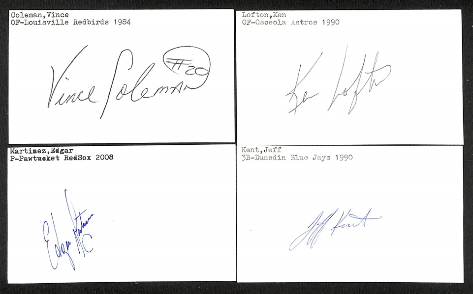 Lot of (600+) Signed Mostly Minor League Baseball Related Index Cards w. Vince Coleman, Edgar Martinez, Ken Lofton, Jeff Kent, Dean Palmer, +(JSA Auction Letter) 