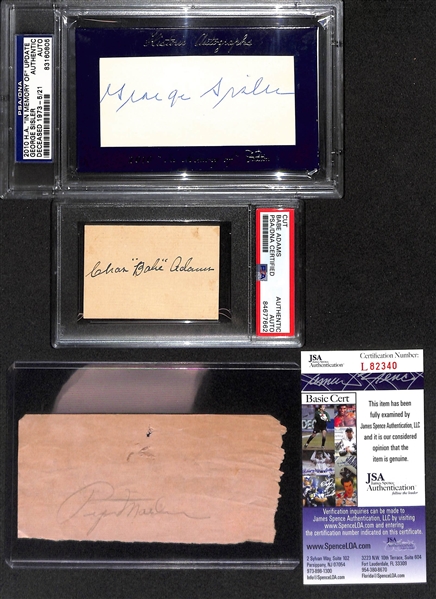 Lot of (3) Old Time Baseball Player Autographed Index Cards - Sisler, Babe Adams, Pepper Martin - PSA/DNA & JSA