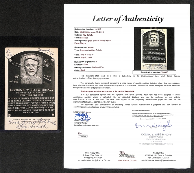 Ray Schalk Signed Artvue Hall of Fame Plaque Card - Full JSA Letter of Authenticity