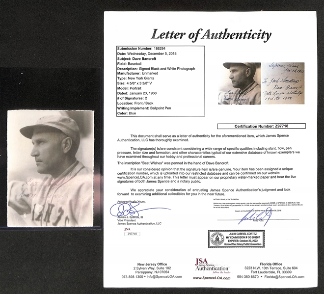 Dave Bancroft Signed Black & White 4-1/2x3-3/8 Photo c. 1968 - Full JSA Letter of Authenticity