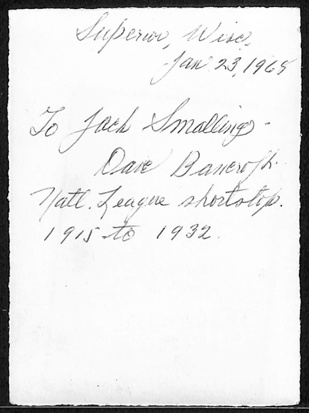 Dave Bancroft Signed Black & White 4-1/2x3-3/8 Photo c. 1968 - Full JSA Letter of Authenticity