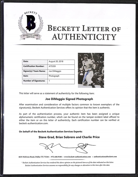 Joe DiMaggio Signed Black & White 8-1/2x11 Photo - Full Beckett Letter of Authenticity