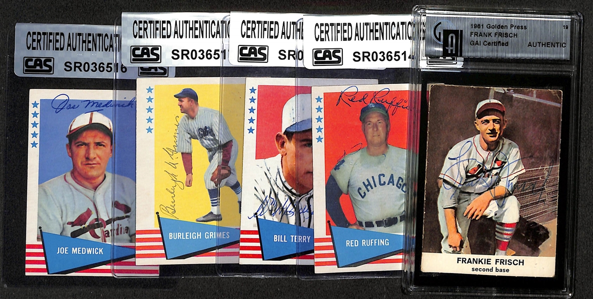 Lot of (5) 1960s Fleer HOF Signed Cards w. Frisch, Ruffing, Grimes, Terry, Medwick - JSA Auction Letter