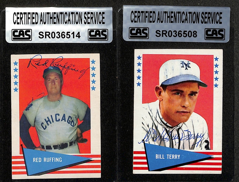 Lot of (5) 1960s Fleer HOF Signed Cards w. Frisch, Ruffing, Grimes, Terry, Medwick - JSA Auction Letter