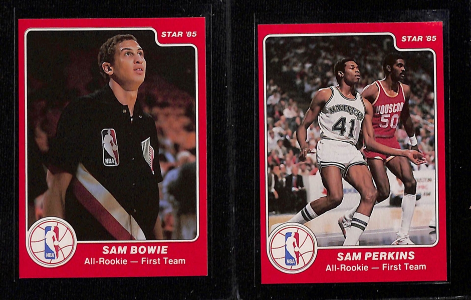 Lot of (10) 1985-86 Star All Rookie Team Cards - Charles Barkley (BGS 8), Hakeem Olajuwon (BGS 8.5), John Stockton (BGS 8.5), Sam Bowie, Sam Perkins, Vern Fleming, Otis Thorpe, Kevin Willis, Tim...