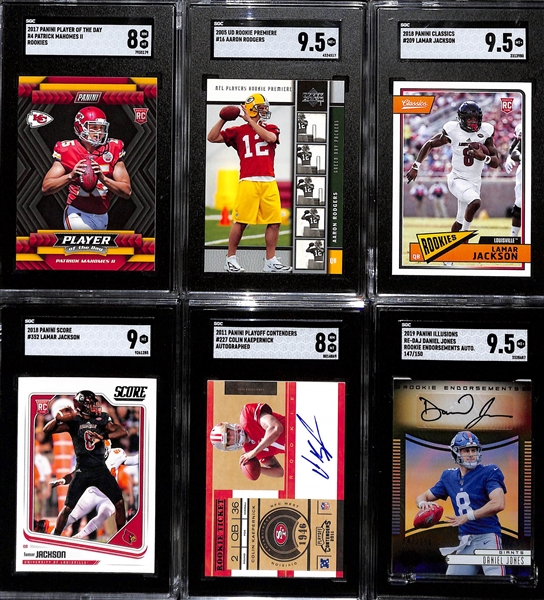 Lot of (6) Graded Quarterback Rookies inc. 2017 Player of the Day Patrick Mahomes (SGC 8), 2005 UD Rookie Premier Aaron Rodgers (SGC 9.5), 2018 Classics Lamar Jackson (SGC 9.5), +