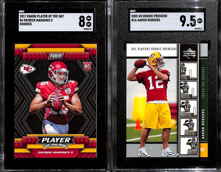 Lot of (6) Graded Quarterback Rookies inc. 2017 Player of the Day Patrick Mahomes (SGC 8), 2005 UD Rookie Premier Aaron Rodgers (SGC 9.5), 2018 Classics Lamar Jackson (SGC 9.5), +
