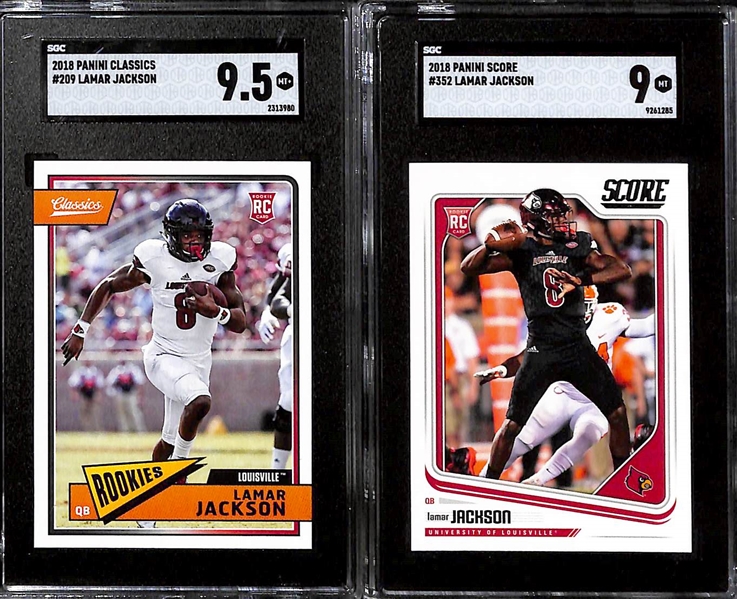 Lot of (6) Graded Quarterback Rookies inc. 2017 Player of the Day Patrick Mahomes (SGC 8), 2005 UD Rookie Premier Aaron Rodgers (SGC 9.5), 2018 Classics Lamar Jackson (SGC 9.5), +