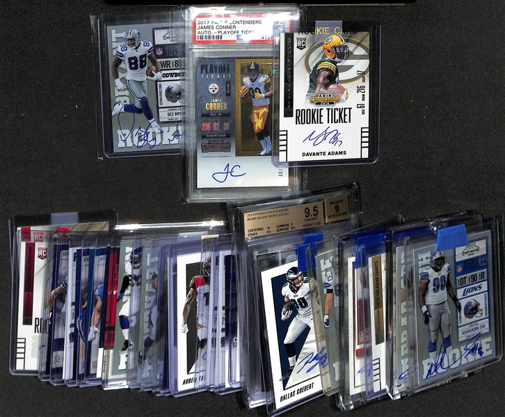 Lot of (31) Contenders Rookie Autographs inc. 2014 Davante Adams, 2017 James Conner Playoff Ticket (PSA 9) (#/99), 2010 Dez Bryant, +