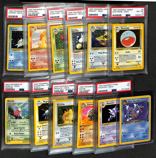 Lot of (12) Mostly PSA Graded Pokemon Cards inc. 1999 Jungle Electrode Holo (PSA 8), 1999 Jungle Pidgeot Holo (PSA 6), 1999 Jungle Snorlax Holo (PSA 6), +