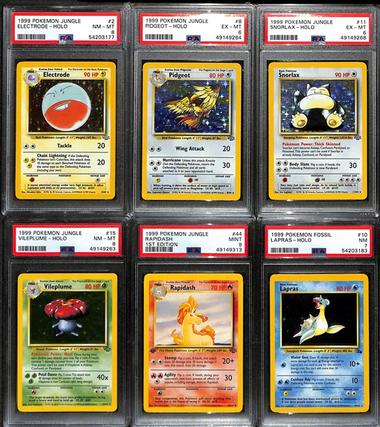 Lot of (12) Mostly PSA Graded Pokemon Cards inc. 1999 Jungle Electrode Holo (PSA 8), 1999 Jungle Pidgeot Holo (PSA 6), 1999 Jungle Snorlax Holo (PSA 6), +