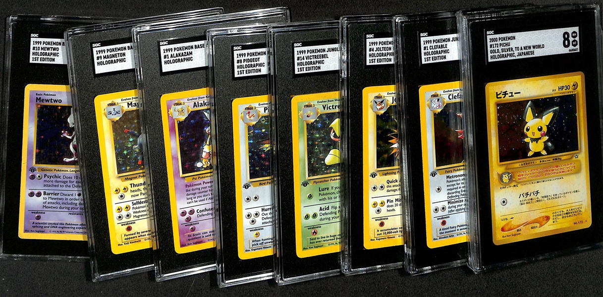 Lot of (8) SGC Graded Pokemon Cards inc. 2000 Gold Silver To A New World Japanese Pichu Holo (SGC 8), 1999 Jungle 1st Edition Clefable Holo (SGC 7), +