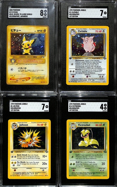 Lot of (8) SGC Graded Pokemon Cards inc. 2000 Gold Silver To A New World Japanese Pichu Holo (SGC 8), 1999 Jungle 1st Edition Clefable Holo (SGC 7), +