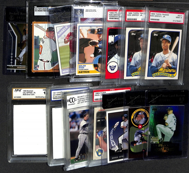Lot of (15) Graded Baseball Cards inc. (2) 1989 Topps Traded Ken Griffey Jr Rookie (PSA 9), 1988 Procards Ken Griffey Jr Rookie (PSA 8 OC), +