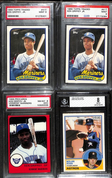 Lot of (15) Graded Baseball Cards inc. (2) 1989 Topps Traded Ken Griffey Jr Rookie (PSA 9), 1988 Procards Ken Griffey Jr Rookie (PSA 8 OC), +
