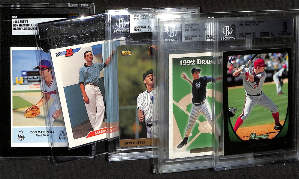 Lot of (5) Graded Baseball Rookie Cards- 2011 Bowman Draft Mike Trout (BGS 9). 1993 Topps Gold Derek Jeter (BGS 9), 1993 Upper Deck Derek Jeter (BGS 9), 1992 Bowman Marino Rivera (BGS RCR 9), 1981...
