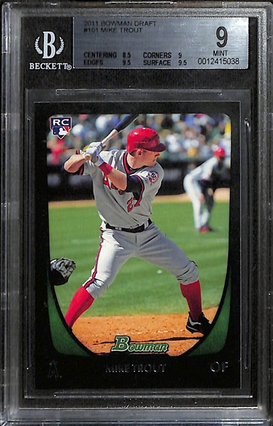 Lot of (5) Graded Baseball Rookie Cards- 2011 Bowman Draft Mike Trout (BGS 9). 1993 Topps Gold Derek Jeter (BGS 9), 1993 Upper Deck Derek Jeter (BGS 9), 1992 Bowman Marino Rivera (BGS RCR 9), 1981...