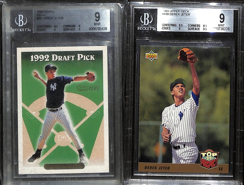 Lot of (5) Graded Baseball Rookie Cards- 2011 Bowman Draft Mike Trout (BGS 9). 1993 Topps Gold Derek Jeter (BGS 9), 1993 Upper Deck Derek Jeter (BGS 9), 1992 Bowman Marino Rivera (BGS RCR 9), 1981...