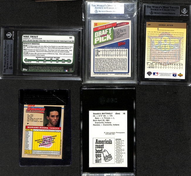 Lot of (5) Graded Baseball Rookie Cards- 2011 Bowman Draft Mike Trout (BGS 9). 1993 Topps Gold Derek Jeter (BGS 9), 1993 Upper Deck Derek Jeter (BGS 9), 1992 Bowman Marino Rivera (BGS RCR 9), 1981...
