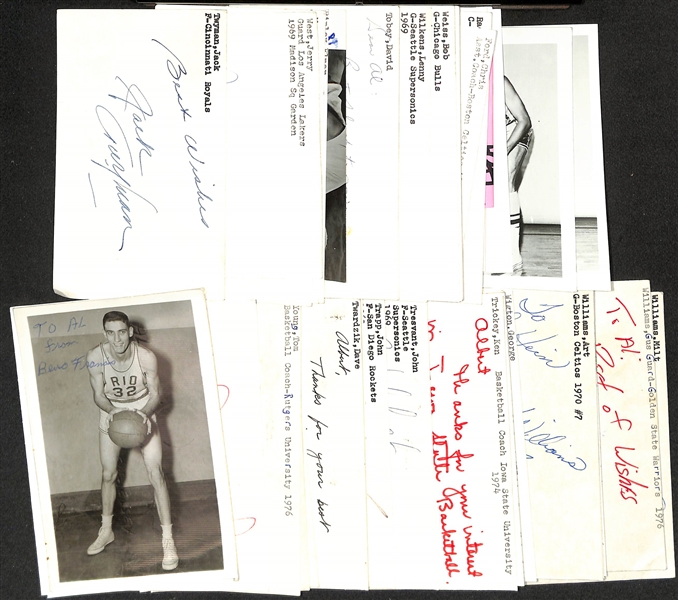 Lot of (40+) Signed Basketball Index/Photo Cards w. (4) Jerry West, Pat Riley, Elmer Ripley, + (JSA Auction Letter)