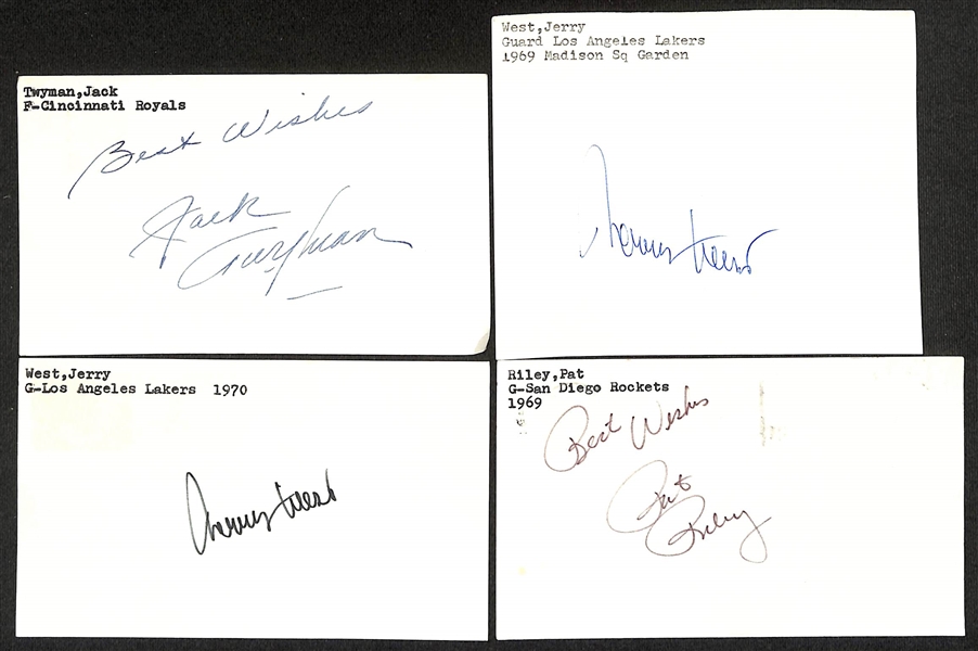 Lot of (40+) Signed Basketball Index/Photo Cards w. (4) Jerry West, Pat Riley, Elmer Ripley, + (JSA Auction Letter)