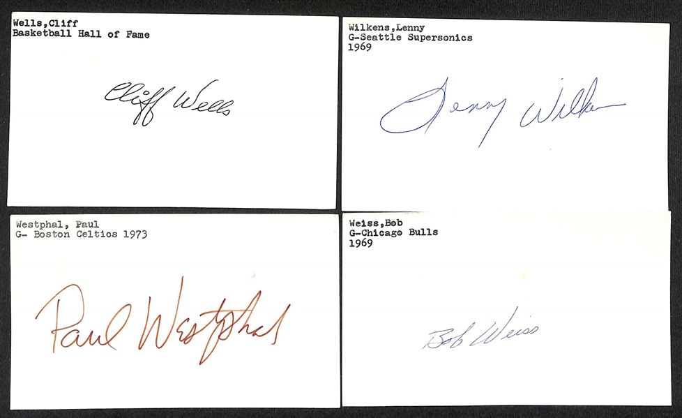 Lot of (40+) Signed Basketball Index/Photo Cards w. (4) Jerry West, Pat Riley, Elmer Ripley, + (JSA Auction Letter)