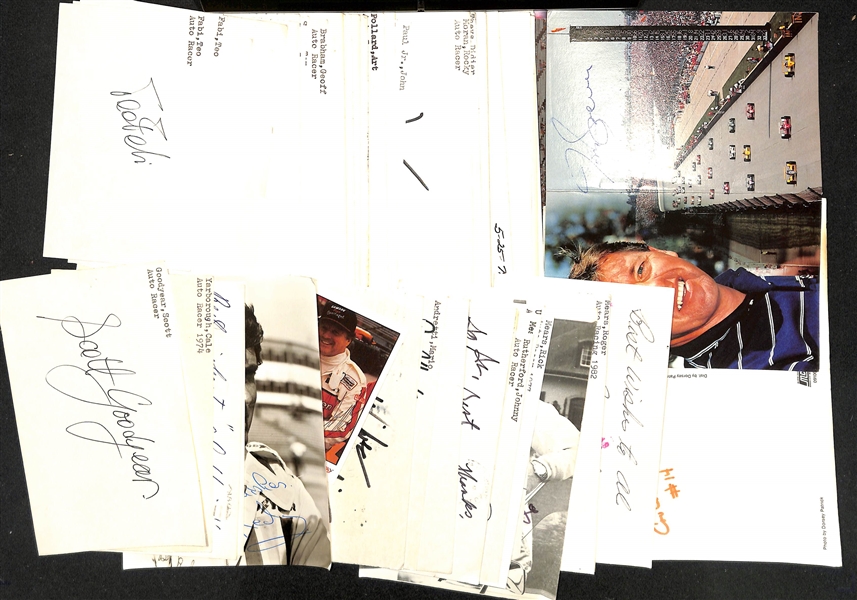 Lot of (60+) Signed Racing Index/Photo Cards w. Scott Goodyear, Cale Yarborough, A.J. Foyt, Jr., + (JSA Auction Letter)