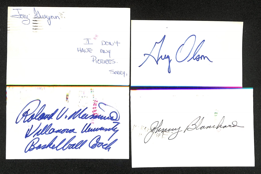 Lot of (200+) Signed Various Sports Index/Photo Cards w. Tony Gwynn (very early signature), Johnny Blanchard, Roland Massimino, Greg Olson, + (JSA Auction Letter)