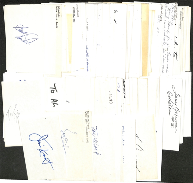 Lot of (175+) Signed Various Sports Index/Photo Cards w. Jim Kaat, Bryan Trottier, Andy MacPhail, Ernie Harwell, Joe Wood, + (JSA Auction Letter)