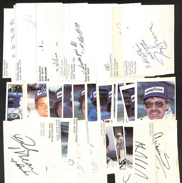 Lot of (75+) Signed Racing Index/Photo Cards w. Rick Mears, Mario Andretti, Jackie Stewart, + (JSA Auction Letter)