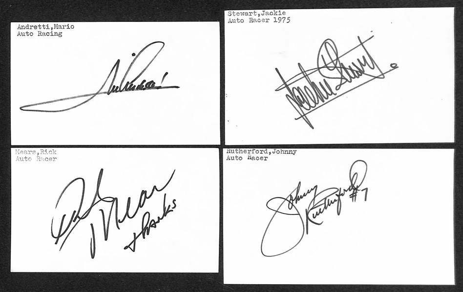 Lot of (75+) Signed Racing Index/Photo Cards w. Rick Mears, Mario Andretti, Jackie Stewart, + (JSA Auction Letter)