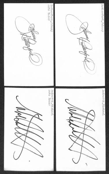 Lot of (75+) Signed Racing Index/Photo Cards w. Rick Mears, Mario Andretti, Jackie Stewart, + (JSA Auction Letter)