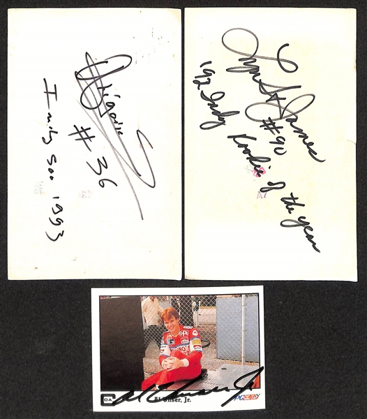 Lot of (75+) Signed Racing Index/Photo Cards w. Rick Mears, Mario Andretti, Jackie Stewart, + (JSA Auction Letter)