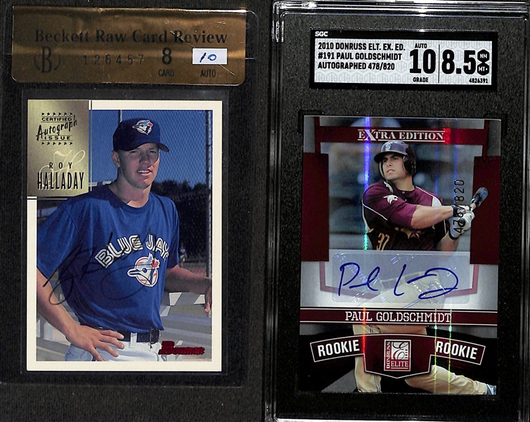 Lot of (2) Graded Baseball Rookie Autographs- 1997 Bowman Roy Halladay (BGS RCR 8), 201 Elite Extra Edition Paul Goldschmidt (SGC 8.5) (#/820)