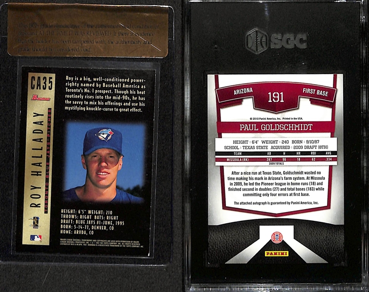 Lot of (2) Graded Baseball Rookie Autographs- 1997 Bowman Roy Halladay (BGS RCR 8), 201 Elite Extra Edition Paul Goldschmidt (SGC 8.5) (#/820)
