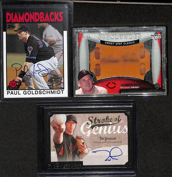 Lot of (21) Baseball Autograph Cards inc. 2014 Topps Archives Paul Goldschmidt, 2005 Sweet Spot Classics Harmon Killebrew (#/25), 2007 UD Masterpieces Tim Lincecum, +