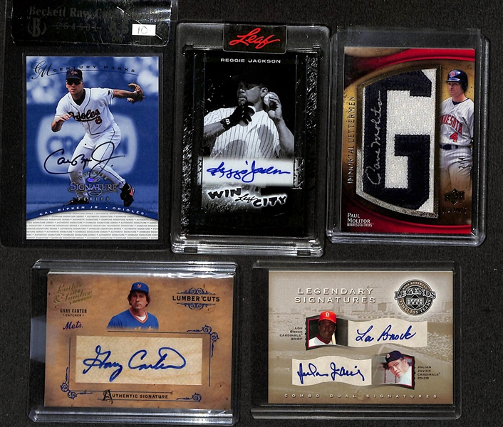 Lot of (5) Hall of Fame Autographs- 1997 Signature Series Cal Ripken Jr (BSG RCR 8.5), 2025 Leaf Sport Heroes Reggie Jackson (3/8), 2009 Icons Paul Molitor Letterman (#/4), 2004 Leather Lumber Gary...