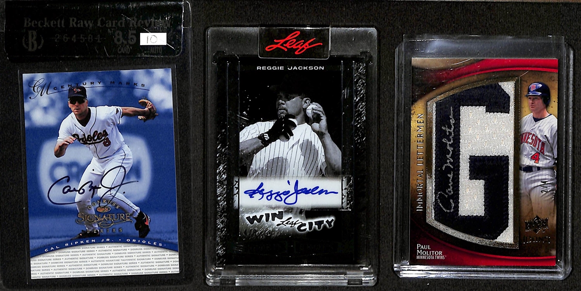 Lot of (5) Hall of Fame Autographs- 1997 Signature Series Cal Ripken Jr (BSG RCR 8.5), 2025 Leaf Sport Heroes Reggie Jackson (3/8), 2009 Icons Paul Molitor Letterman (#/4), 2004 Leather Lumber Gary...