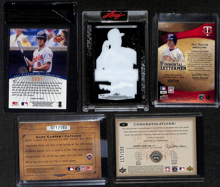 Lot of (5) Hall of Fame Autographs- 1997 Signature Series Cal Ripken Jr (BSG RCR 8.5), 2025 Leaf Sport Heroes Reggie Jackson (3/8), 2009 Icons Paul Molitor Letterman (#/4), 2004 Leather Lumber Gary...