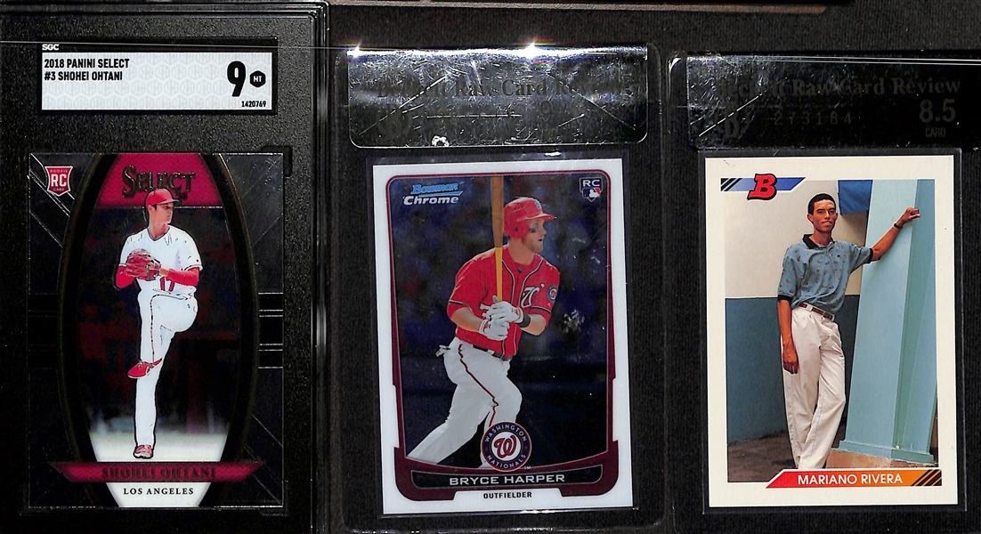 Lot of (19) Graded Baseball Rookie Cards- 2018 Select Shohei Ohtani (SGC 9), 2012 Bowman Chrome Bryce Harper (BGS RCR 9), 1992 Bowman Marino Rivera (BGS RCR 8.5), +