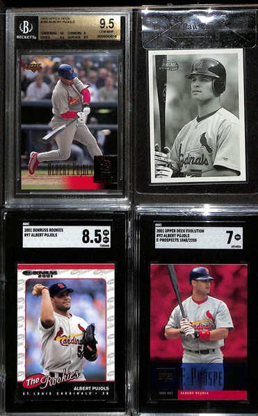 Lot of (4) Graded 2001 Albert Pujols Rookie Cards- Upper Deck (BGS 9.5), Bowman Heritage (BGS RCR 9), Donruss Rookies (BGS 8.5), Upper Deck Evolution E-Prospects (SGC 7) (#/2250)