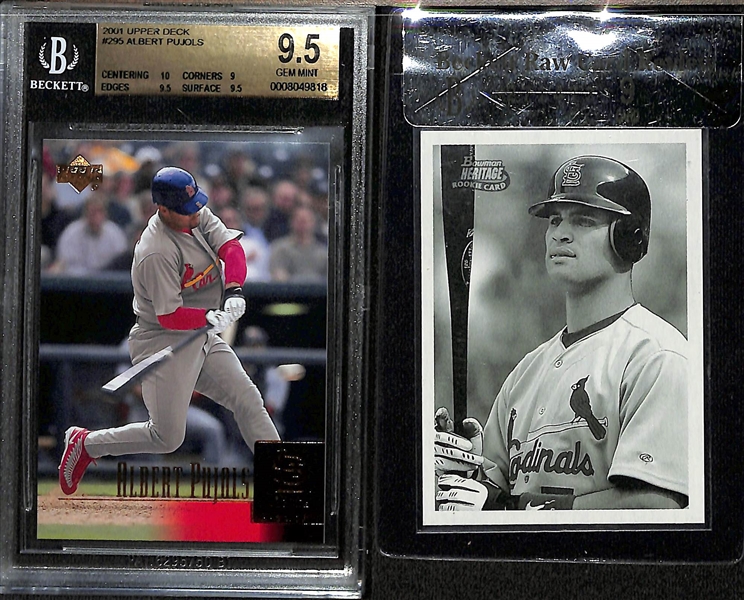 Lot of (4) Graded 2001 Albert Pujols Rookie Cards- Upper Deck (BGS 9.5), Bowman Heritage (BGS RCR 9), Donruss Rookies (BGS 8.5), Upper Deck Evolution E-Prospects (SGC 7) (#/2250)