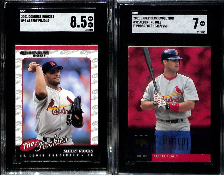 Lot of (4) Graded 2001 Albert Pujols Rookie Cards- Upper Deck (BGS 9.5), Bowman Heritage (BGS RCR 9), Donruss Rookies (BGS 8.5), Upper Deck Evolution E-Prospects (SGC 7) (#/2250)